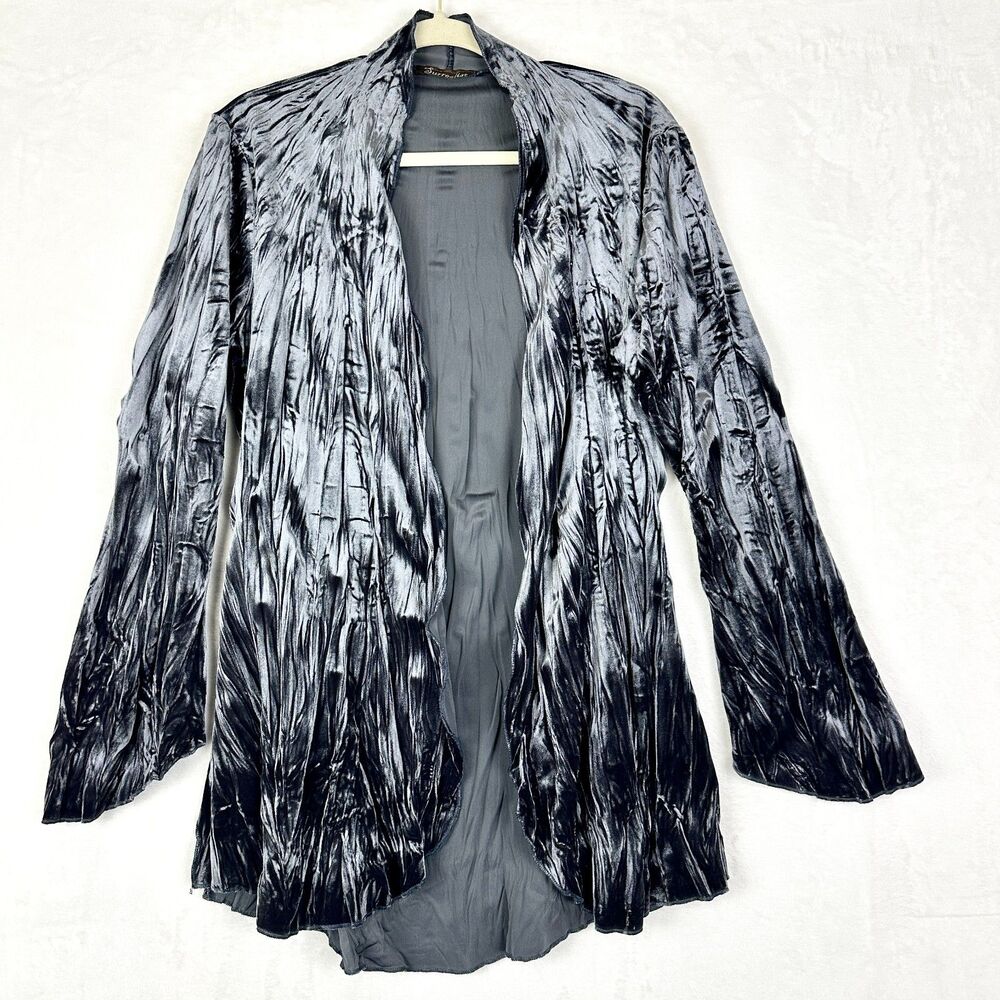 Surrealist Velvet Crinkle Cardigan Size 4 US Large Open Front Blue/Gray Boho